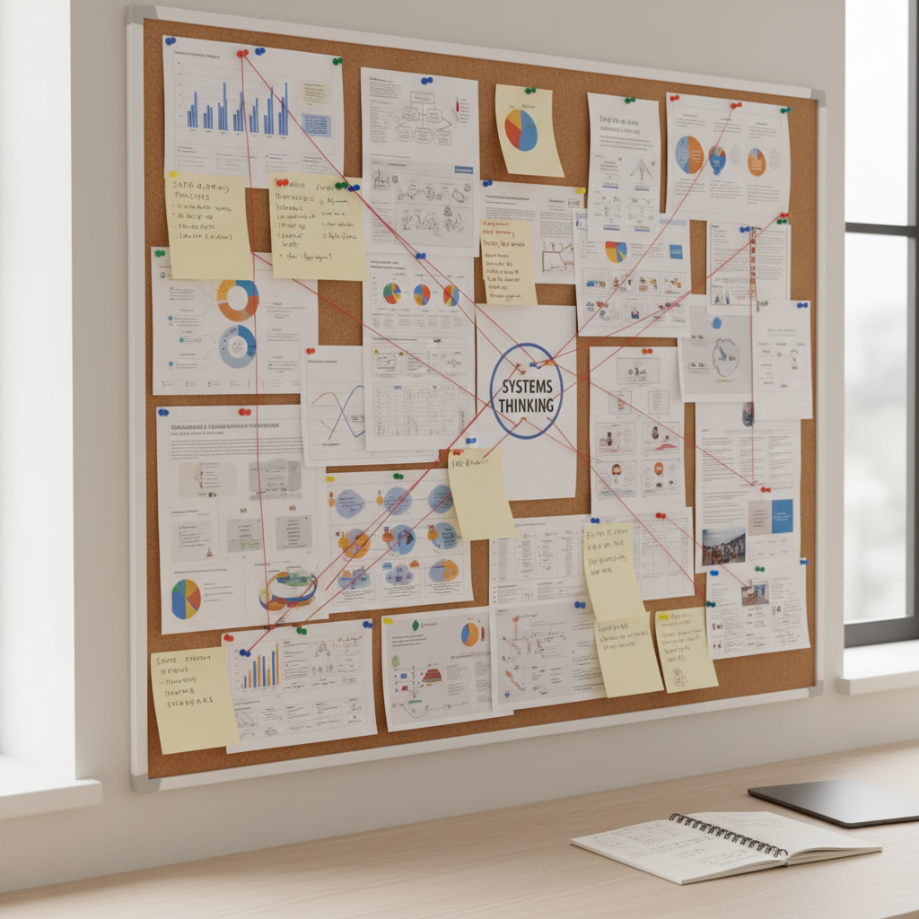 A large cork noticeboard covered with carefully arranged printed charts, social policy infographics, and handwritten notes on safeguarding and ACEs, each pinned with colored pushpins in a deliberate pattern. Thin red string connects key documents, suggesting relationships and systems thinking. The board hangs on a matte, off-white wall above a clean, uncluttered work surface holding a single spiral notebook and a closed tablet. Soft overcast window light enters from the left, producing even, shadowless illumination that enhances legibility without glare. Shot from a slightly angled, three-quarter perspective with moderate depth of field, the photographic image feels analytical yet accessible, conveying a methodical, evidence-based approach to understanding the care system.