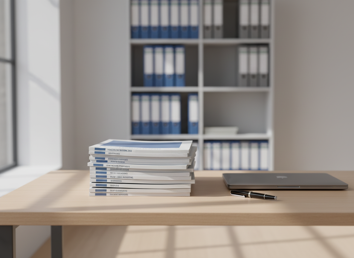 A neatly stacked pile of well-worn policy reports and ring-bound care system briefings on a pale oak desk, each cover labeled with clear, sober typography in muted blues and greys. Beside them lies a closed laptop with a brushed aluminum finish and a slim fountain pen resting precisely parallel to the stack. The scene is set in a minimalist office with soft, neutral walls and an out-of-focus bookshelf holding organized binders in the background. Gentle daylight from a nearby window creates diffused, natural illumination, casting calm, elongated shadows. Photographed at eye level using a shallow depth of field, the composition feels orderly, professional, and reflective, with photographic realism suited to a serious social policy blog homepage.